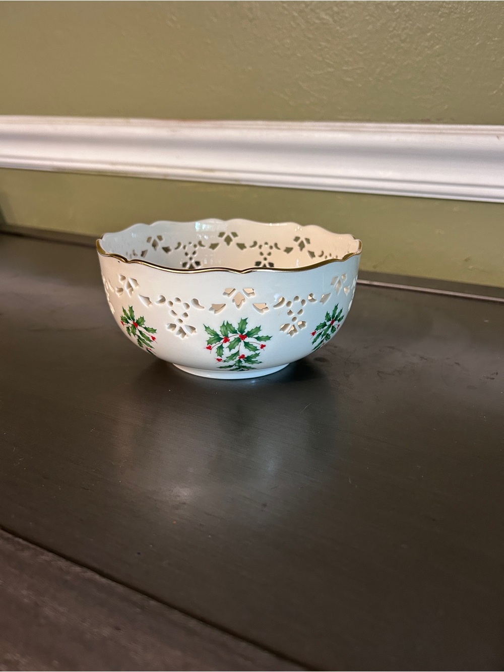 Lenox Holiday White Porcelain Pierced Bowl Gold Trim Holly Motif Made in USA
